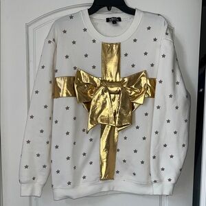 VINYL White Crewneck Sweater with Gold Bow & Star Print